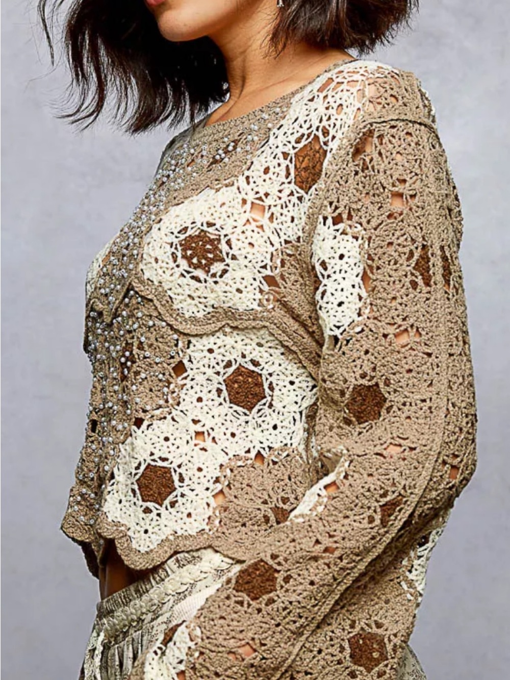POL Crochet Patchwork Crewneck Sweater in Beige and Cream